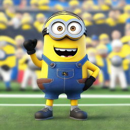 A Minion character dressed as a football pitcher, wearing a football uniform with a helmet, gloves, and cleats