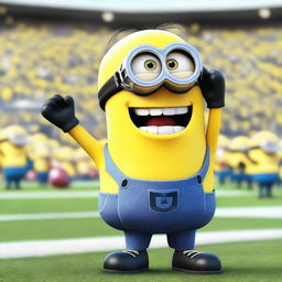 A Minion character dressed as a football pitcher, wearing a football uniform with a helmet, gloves, and cleats