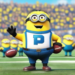 A Minion character dressed as a football pitcher, wearing a football uniform with a helmet, gloves, and cleats