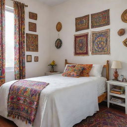 A well-kept girl's room in a Latin American setting like El Salvador, featuring a tidy white bed spread without a footboard, in the midst of vibrant and colorful local patterns and decorations.