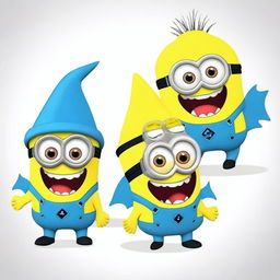 Create an image featuring a Minion character dressed in a Baby Shark-themed costume