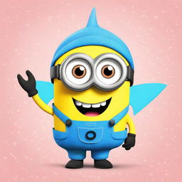 Create an image featuring a Minion character dressed in a Baby Shark-themed costume