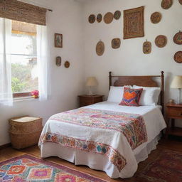 A well-kept girl's room in a Latin American setting like El Salvador, featuring a tidy white bed spread without a footboard, in the midst of vibrant and colorful local patterns and decorations.