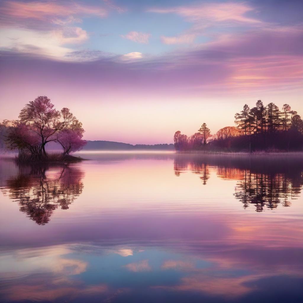 A serene and picturesque scene of a beautiful sunrise over a calm lake, with the first rays of sunlight gently touching the water's surface