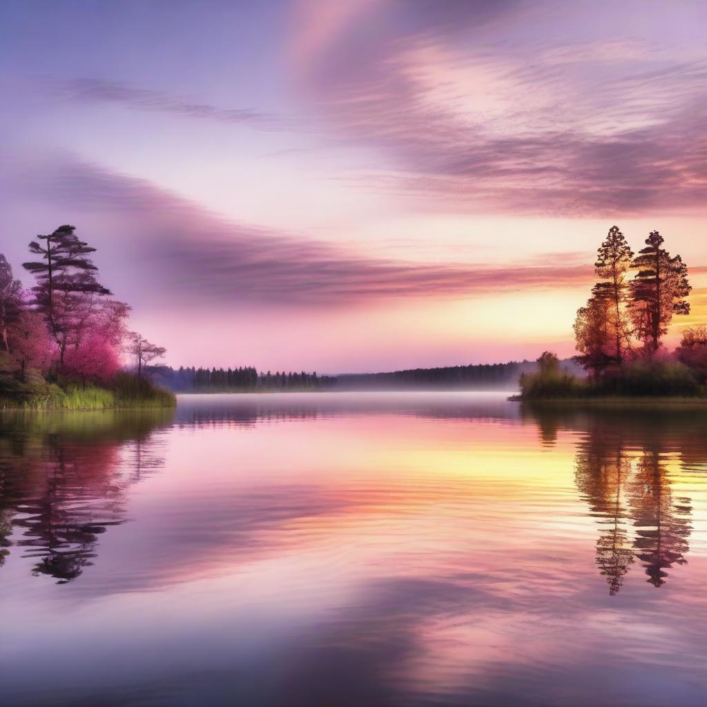 A serene and picturesque scene of a beautiful sunrise over a calm lake, with the first rays of sunlight gently touching the water's surface