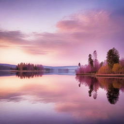 A serene and picturesque scene of a beautiful sunrise over a calm lake, with the first rays of sunlight gently touching the water's surface