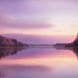 A serene and picturesque scene of a beautiful sunrise over a calm lake, with the first rays of sunlight gently touching the water's surface