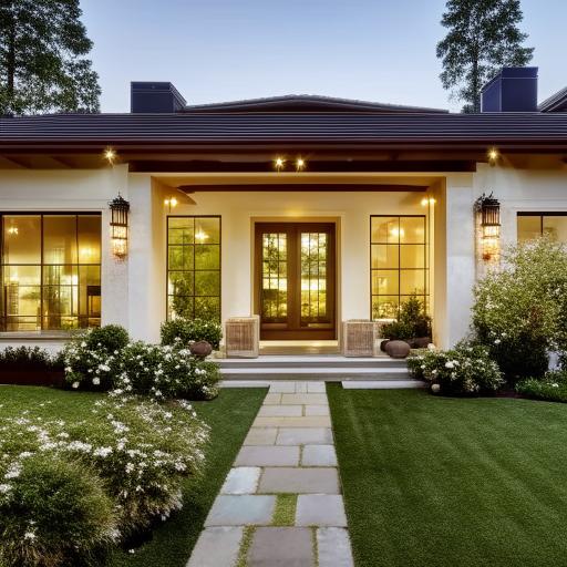 A beautiful, well-designed house. The exterior features a well-groomed front garden, a welcoming entrance, glowing indoor lights seen through large, clear windows, and a tranquil backyard view.