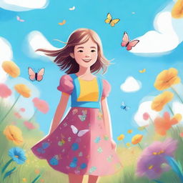 A digital illustration of a young girl with a cheerful expression