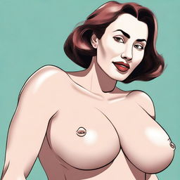 A digital illustration of a woman with exaggerated features, focusing on her large chest