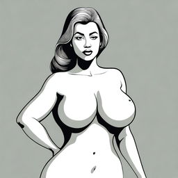 A digital illustration of a woman with exaggerated features, specifically large breasts and wide hips