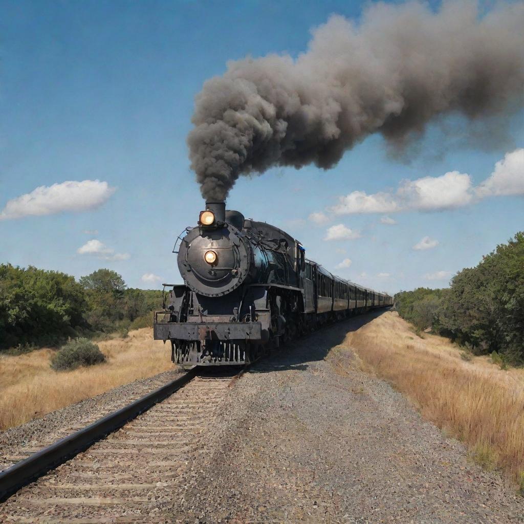 A vintage train chugging on tracks that lead dramatically towards the open, star-studded sky