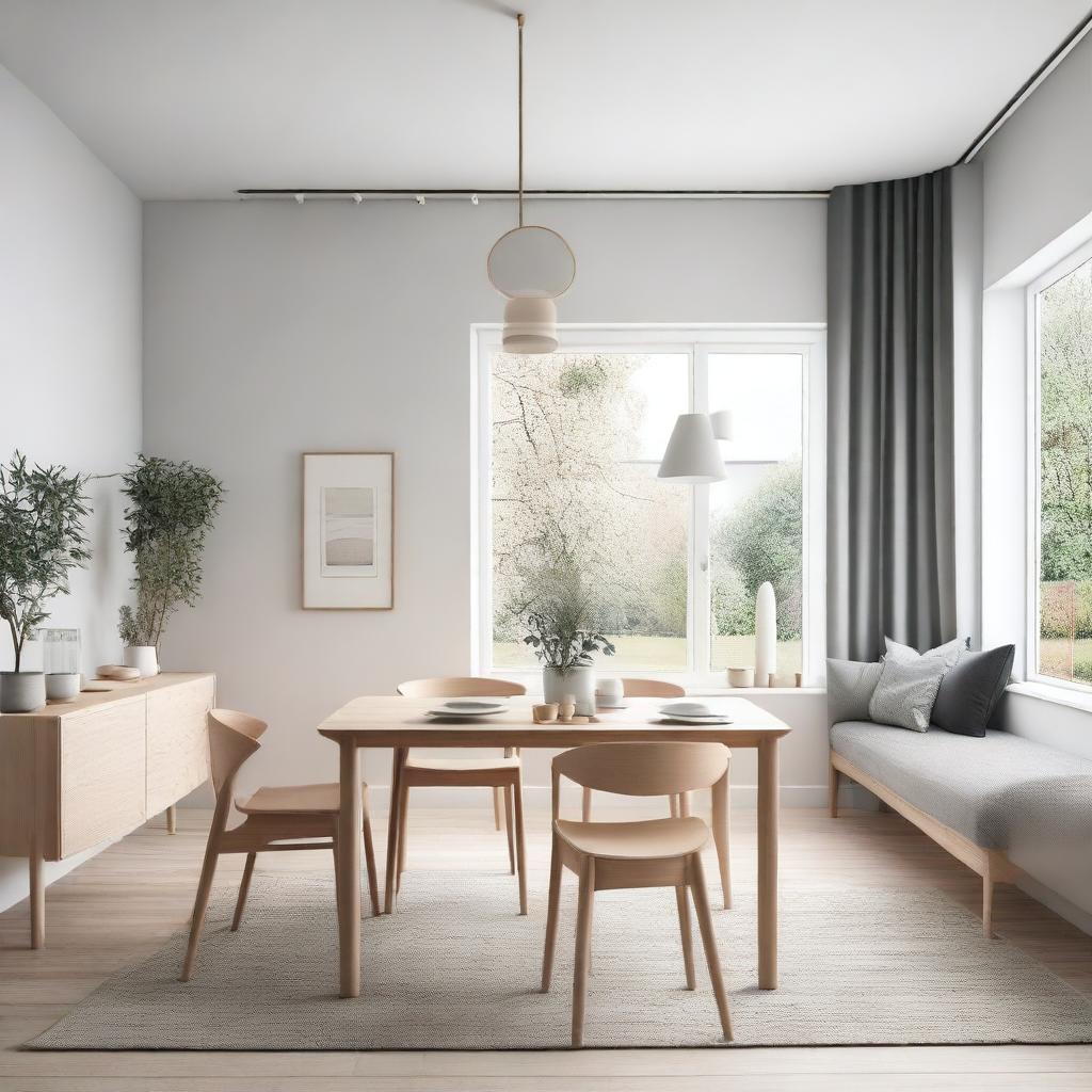 A Nordic-style living and dining room featuring minimalist furniture, light wood accents, and a clean, airy atmosphere