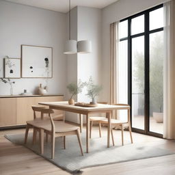 A Nordic-style living and dining room featuring minimalist furniture, light wood accents, and a clean, airy atmosphere