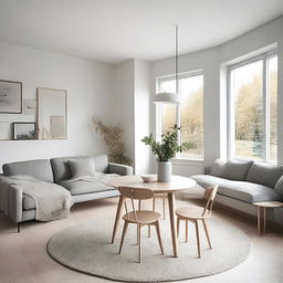 A Nordic-style living and dining room featuring minimalist furniture, light wood accents, and a clean, airy atmosphere