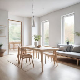 A Nordic-style living and dining room featuring minimalist furniture, light wood accents, and a clean, airy atmosphere