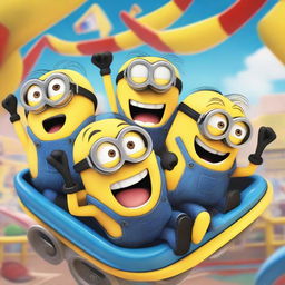 A group of Minions from the Despicable Me franchise having fun on a roller coaster ride