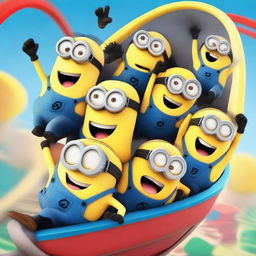 A group of Minions from the Despicable Me franchise having fun on a roller coaster ride