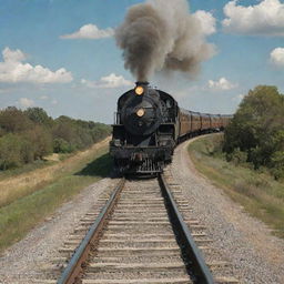 A vintage train chugging on tracks that lead dramatically towards the open, star-studded sky