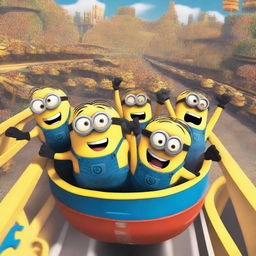 A group of Minions from the Despicable Me franchise having fun on a roller coaster ride