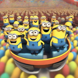 A group of Minions from the Despicable Me franchise having fun on a roller coaster ride