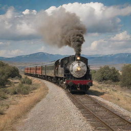 A vintage train chugging on tracks that lead dramatically towards the open, star-studded sky