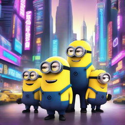 A futuristic scene featuring Minions from the movie 'Despicable Me' reimagined as cyberpunk characters