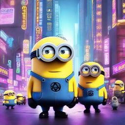 A futuristic scene featuring Minions from the movie 'Despicable Me' reimagined as cyberpunk characters