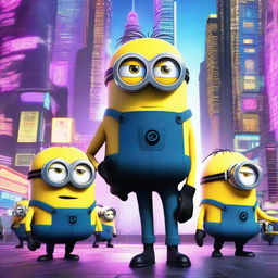 A futuristic scene featuring Minions from the movie 'Despicable Me' reimagined as cyberpunk characters