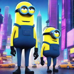 A futuristic scene featuring Minions from the movie 'Despicable Me' reimagined as cyberpunk characters