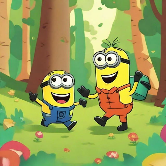 A cheerful and colorful scene featuring a Happy Tree Friends character and a Minion from Despicable Me