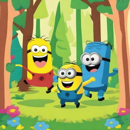 A cheerful and colorful scene featuring a Happy Tree Friends character and a Minion from Despicable Me