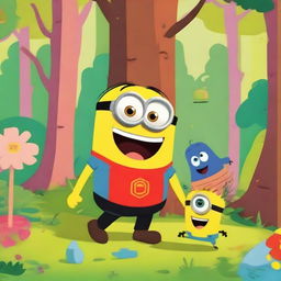 A cheerful and colorful scene featuring a Happy Tree Friends character and a Minion from Despicable Me