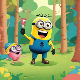 A cheerful and colorful scene featuring a Happy Tree Friends character and a Minion from Despicable Me