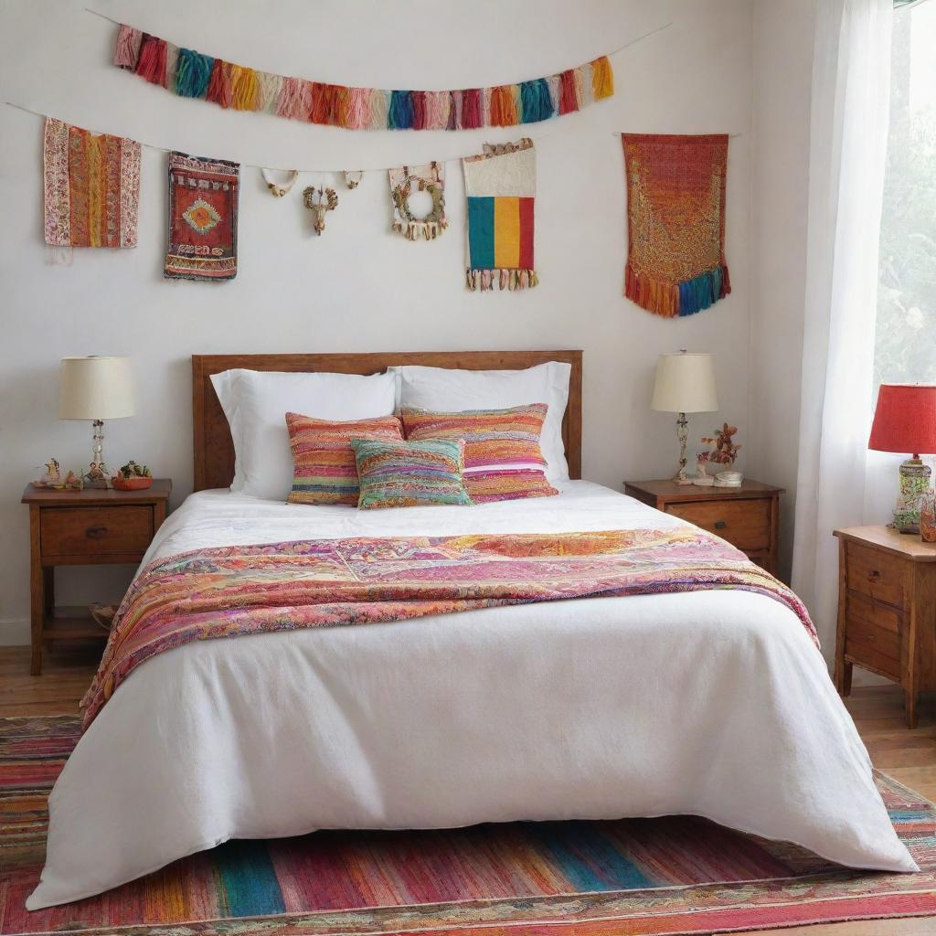 An image of a neatly arranged girl's bedroom in a Latin American setting, featuring a clean white bed cover without a footboard, surrounded by colorful and festive cultural accents.