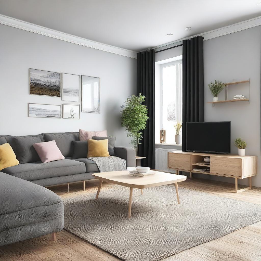 A living room with a sofa and TV area and a separate dining area, in Nordic style, 8K resolution, with intricate and well-defined details, featuring real and well-defined Nordic-style furniture, and real, well-defined Nordic-style decor