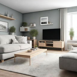 A living room with a sofa and TV area and a separate dining area, in Nordic style, 8K resolution, with intricate and well-defined details, featuring real and well-defined Nordic-style furniture, and real, well-defined Nordic-style decor