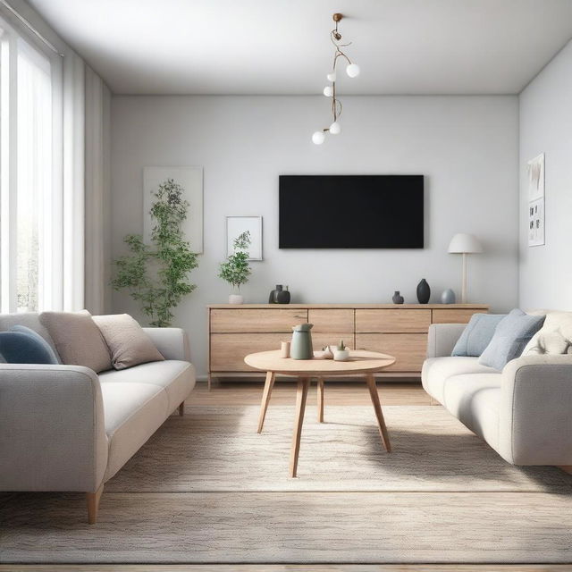 A living room with a sofa and TV area and a separate dining area, in Nordic style, 8K resolution, with intricate and well-defined details, featuring real and well-defined Nordic-style furniture, and real, well-defined Nordic-style decor