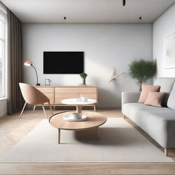 A living room with a sofa and TV area and a separate dining area, in Nordic style, 8K resolution, with intricate and well-defined details, featuring real and well-defined Nordic-style furniture, and real, well-defined Nordic-style decor