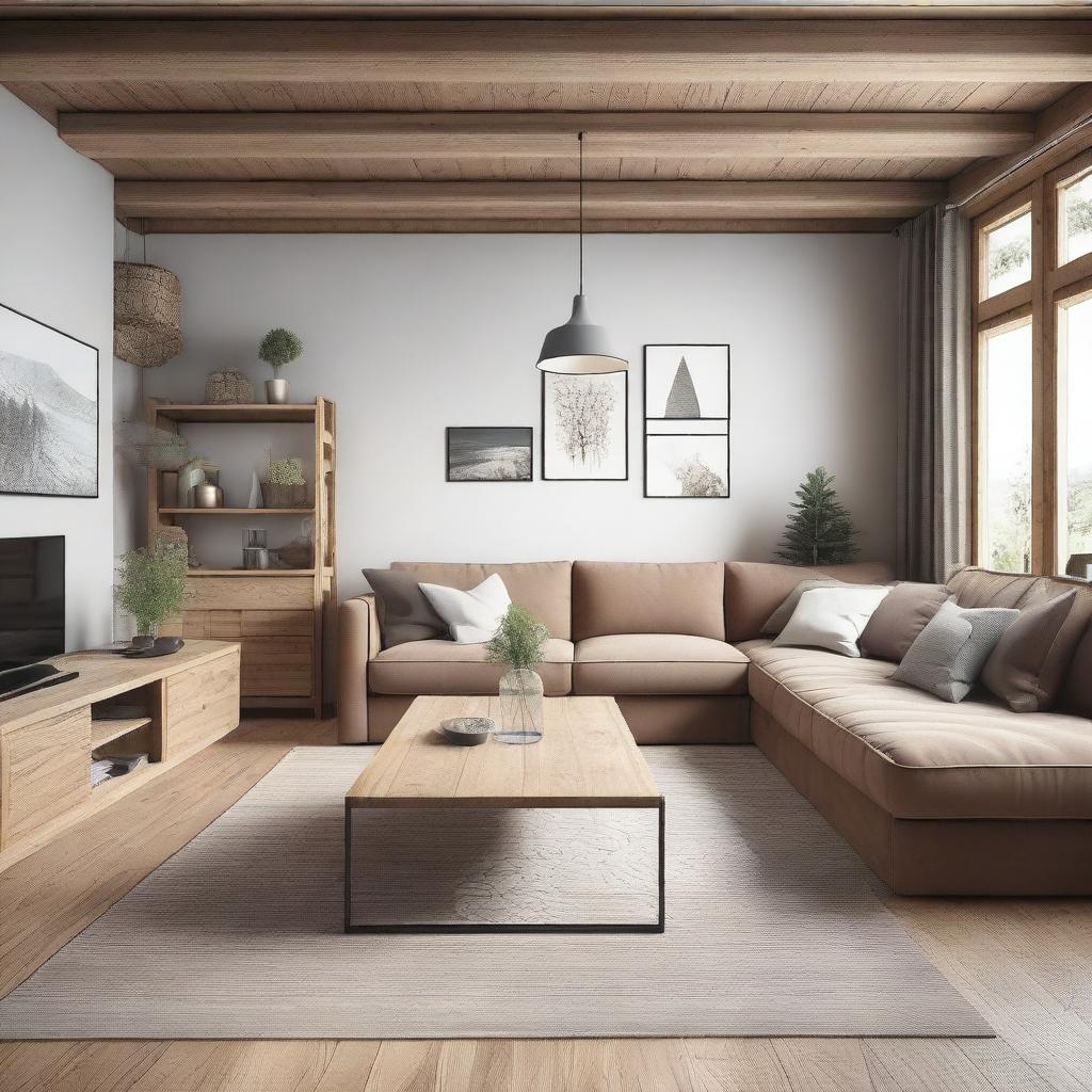 A living room with a sofa and TV area and a separate dining area, in rustic style, 8K resolution, with intricate and well-defined details, featuring real and well-defined Nordic-style furniture, and real, well-defined Nordic-style decor