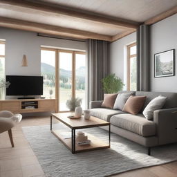 A living room with a sofa and TV area and a separate dining area, in rustic style, 8K resolution, with intricate and well-defined details, featuring real and well-defined Nordic-style furniture, and real, well-defined Nordic-style decor