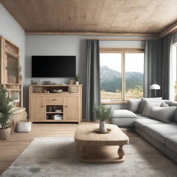 A living room with a sofa and TV area and a separate dining area, in rustic style, 8K resolution, with intricate and well-defined details, featuring real and well-defined Nordic-style furniture, and real, well-defined Nordic-style decor