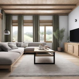 A living room with a sofa and TV area and a separate dining area, in rustic style, 8K resolution, with intricate and well-defined details, featuring real and well-defined Nordic-style furniture, and real, well-defined Nordic-style decor