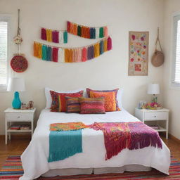 An image of a neatly arranged girl's bedroom in a Latin American setting, featuring a clean white bed cover without a footboard, surrounded by colorful and festive cultural accents.