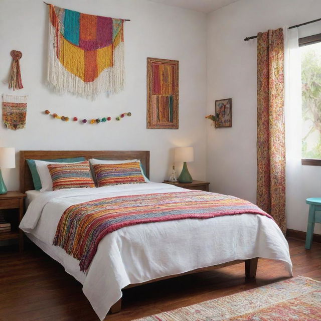 An image of a neatly arranged girl's bedroom in a Latin American setting, featuring a clean white bed cover without a footboard, surrounded by colorful and festive cultural accents.