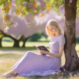 A slender woman with blonde hair reading a book under a tree