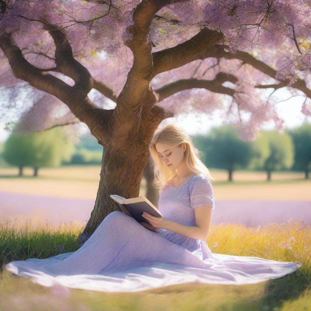 A slender woman with blonde hair reading a book under a tree