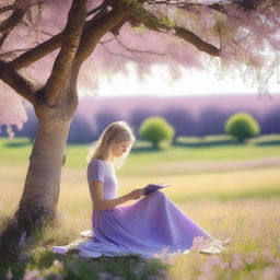 A slender woman with blonde hair reading a book under a tree