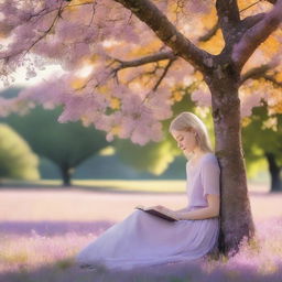 A slender woman with blonde hair reading a book under a tree