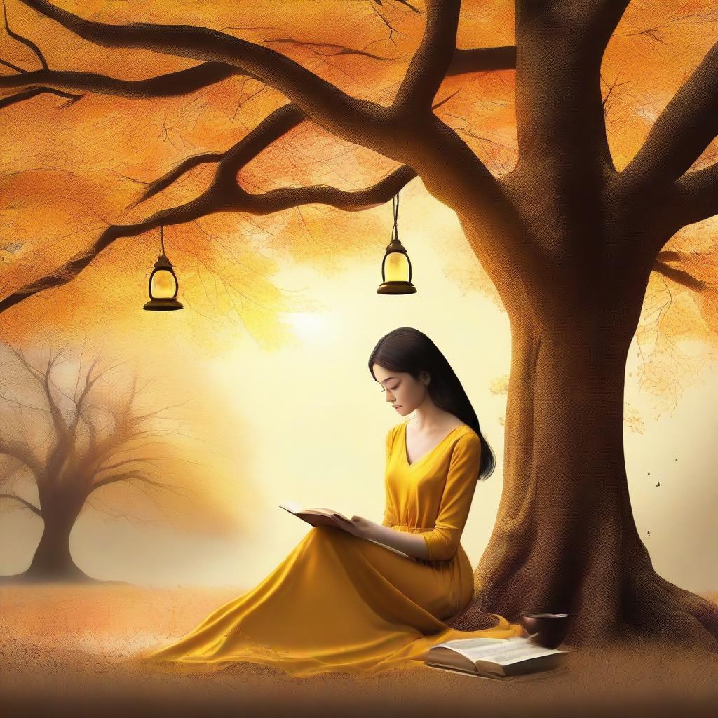 A woman reading a book under a tree with a golden, yellow, and orange hourglass in the background